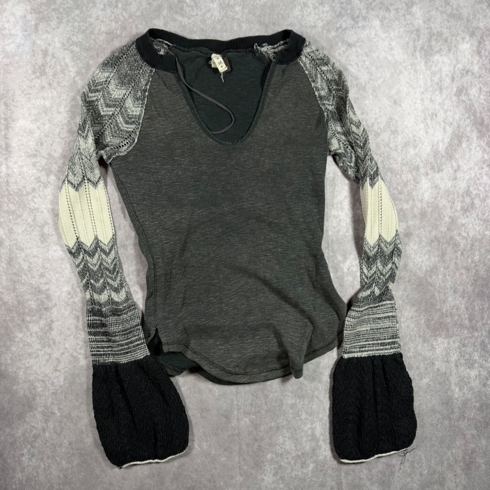 We The Free Free People Mixed Knit Bell Sleeve Thermal Top Gray M Indie Boho
